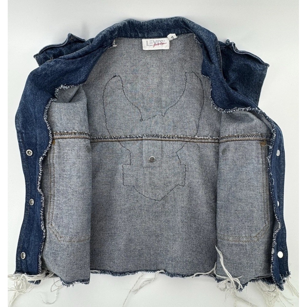 Levi'S Cropped Blue Denim Vest, Raw Hem, Chest Pockets, Honda Gold Wing Patch - Picture 9 of 13